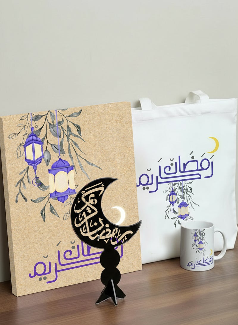 LOWHA Ramadan Gift Set of 4 Items Includes Canvas Wall Art, Decorative Stand, Mug and Tote Bag - Image 1
